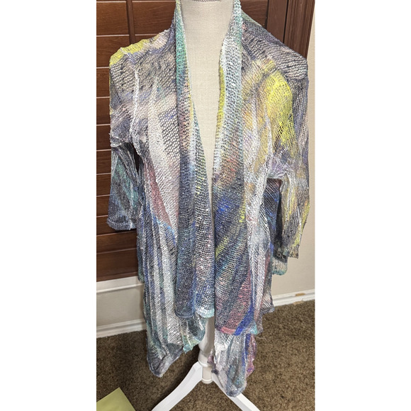 Jess & Jane Cardigan Womens L watercolor mesh open knit lightweight beachy USA - Picture 1 of 8